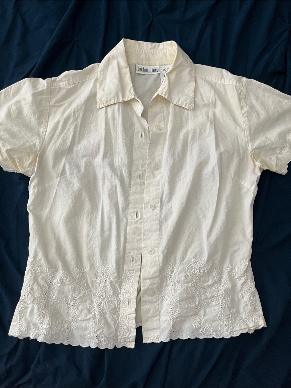 anchor blue Cream Button-Down Short Sleeve Embroidered Shirt